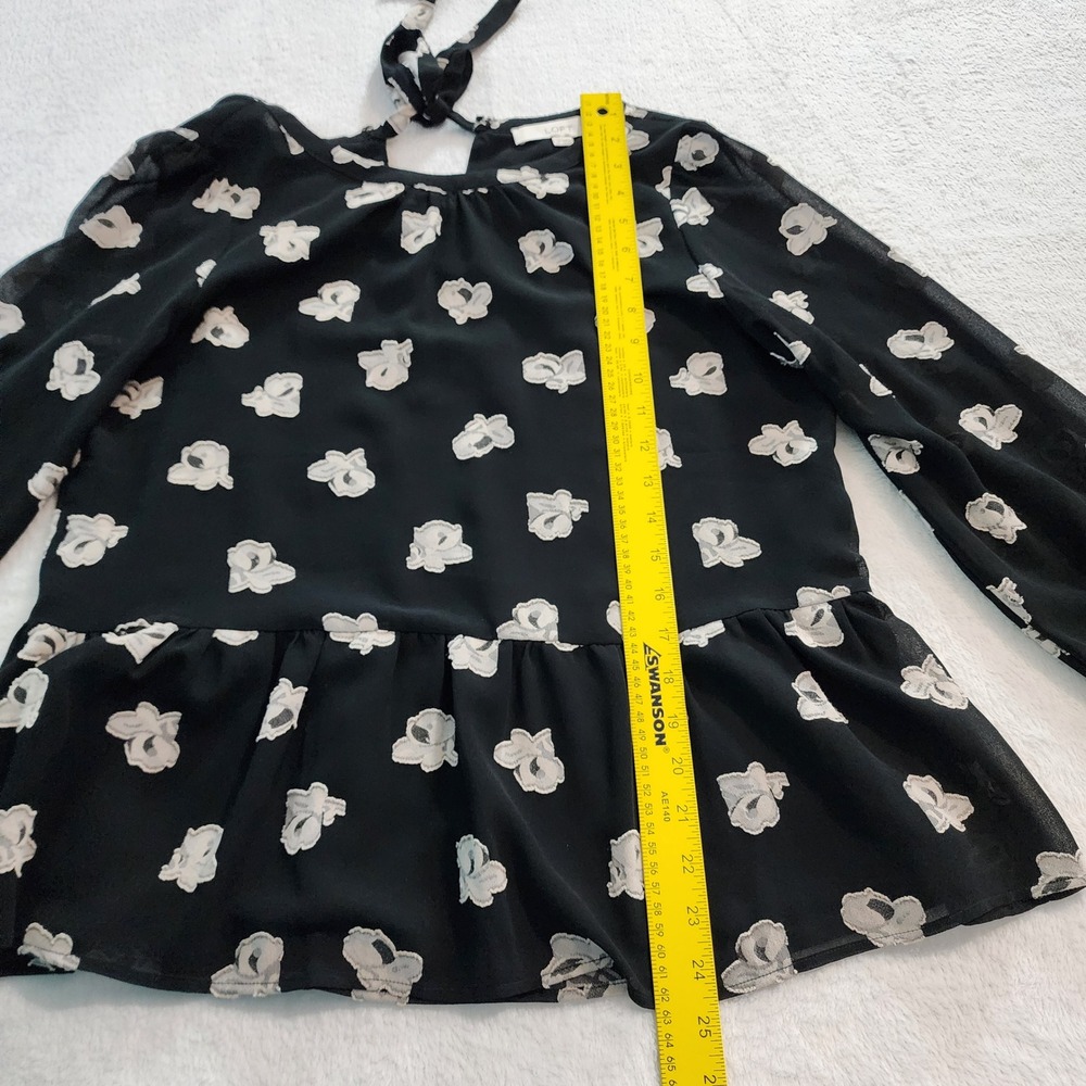 Loft‎ Floral Peplum Blouse Womens Medium Petite MP Black Sheer Layer Long Sleeve - Picture 10 of 15